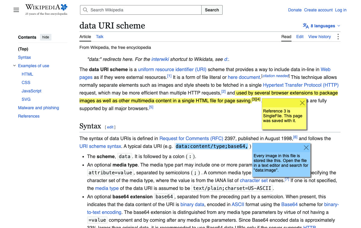 The same saved article with two highlighted sentences and two sticky notes added in the SingleFile editor