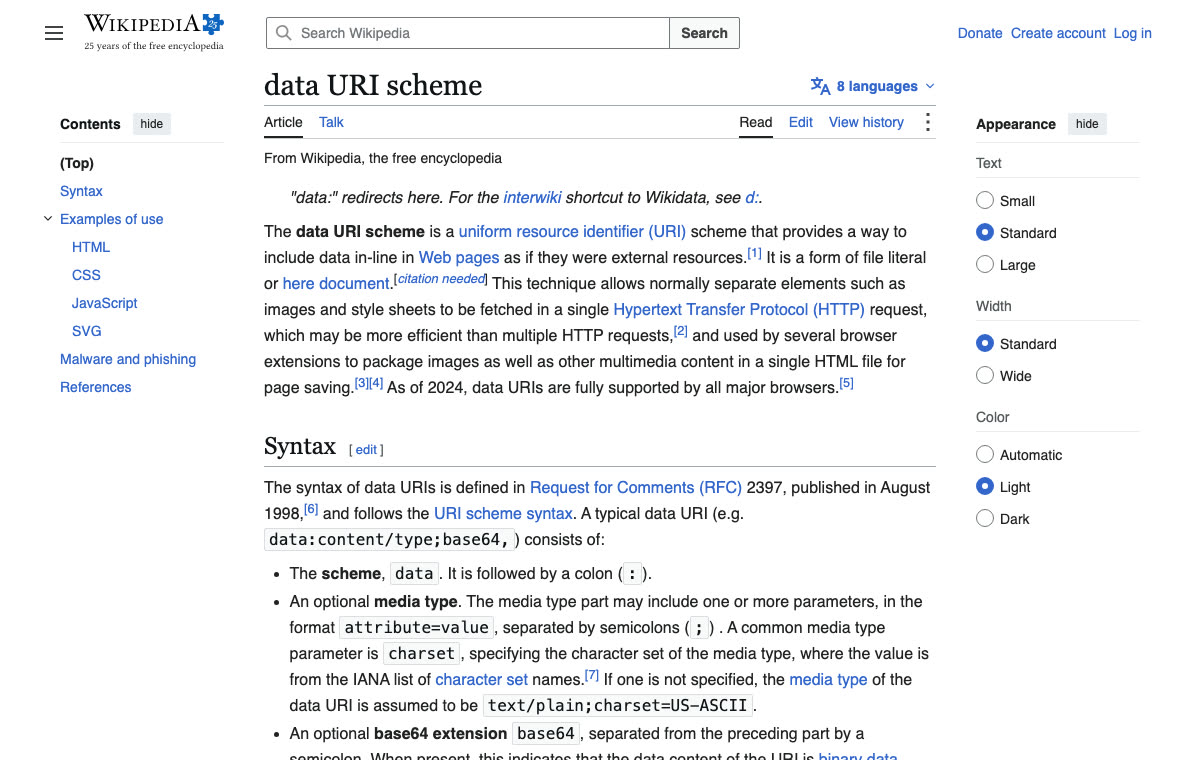 The Wikipedia article on the data URI scheme, saved with SingleFile and opened from disk